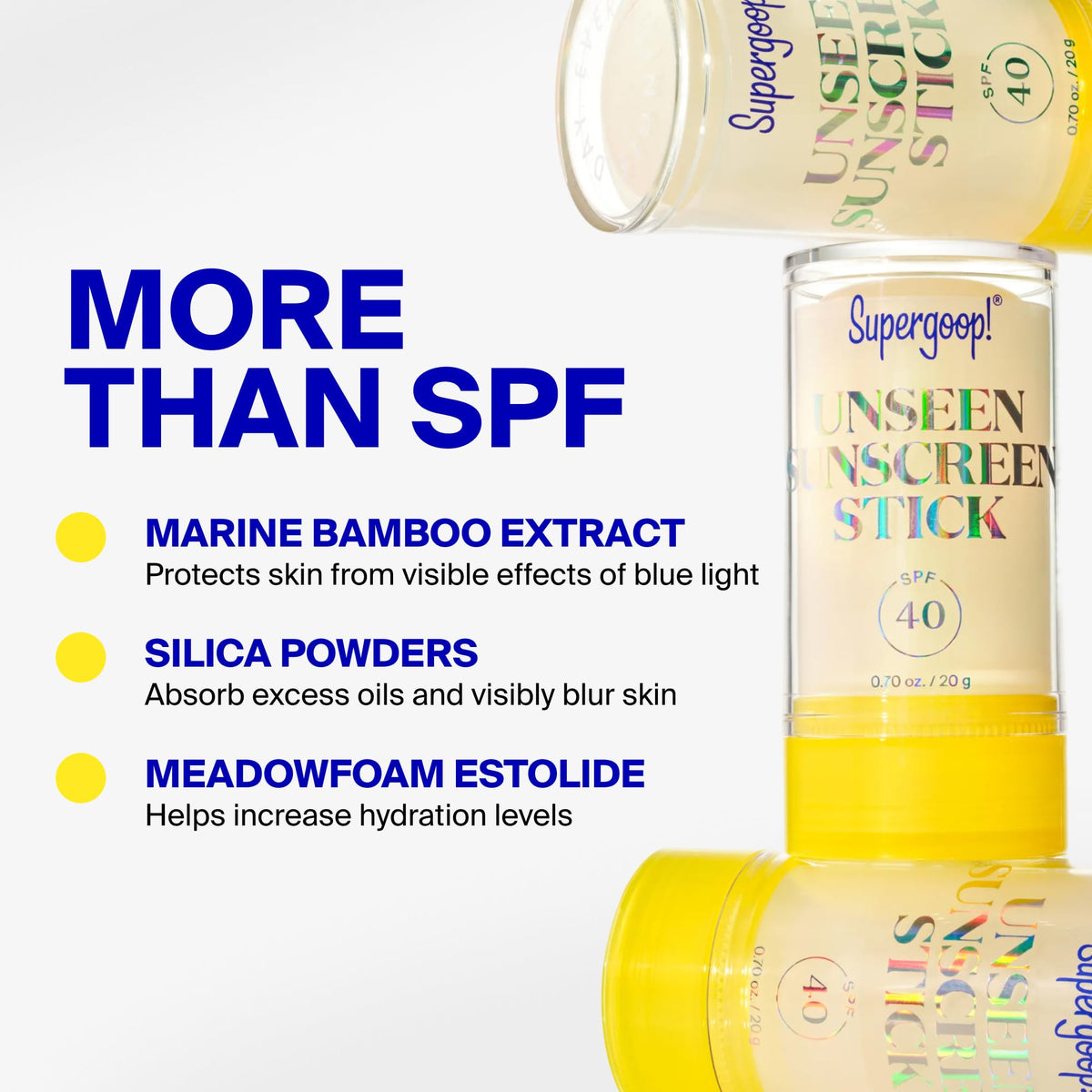 Supergoop! ingredient label highlighting marine bamboo and silica benefits