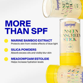 Supergoop! ingredient label highlighting marine bamboo and silica benefits