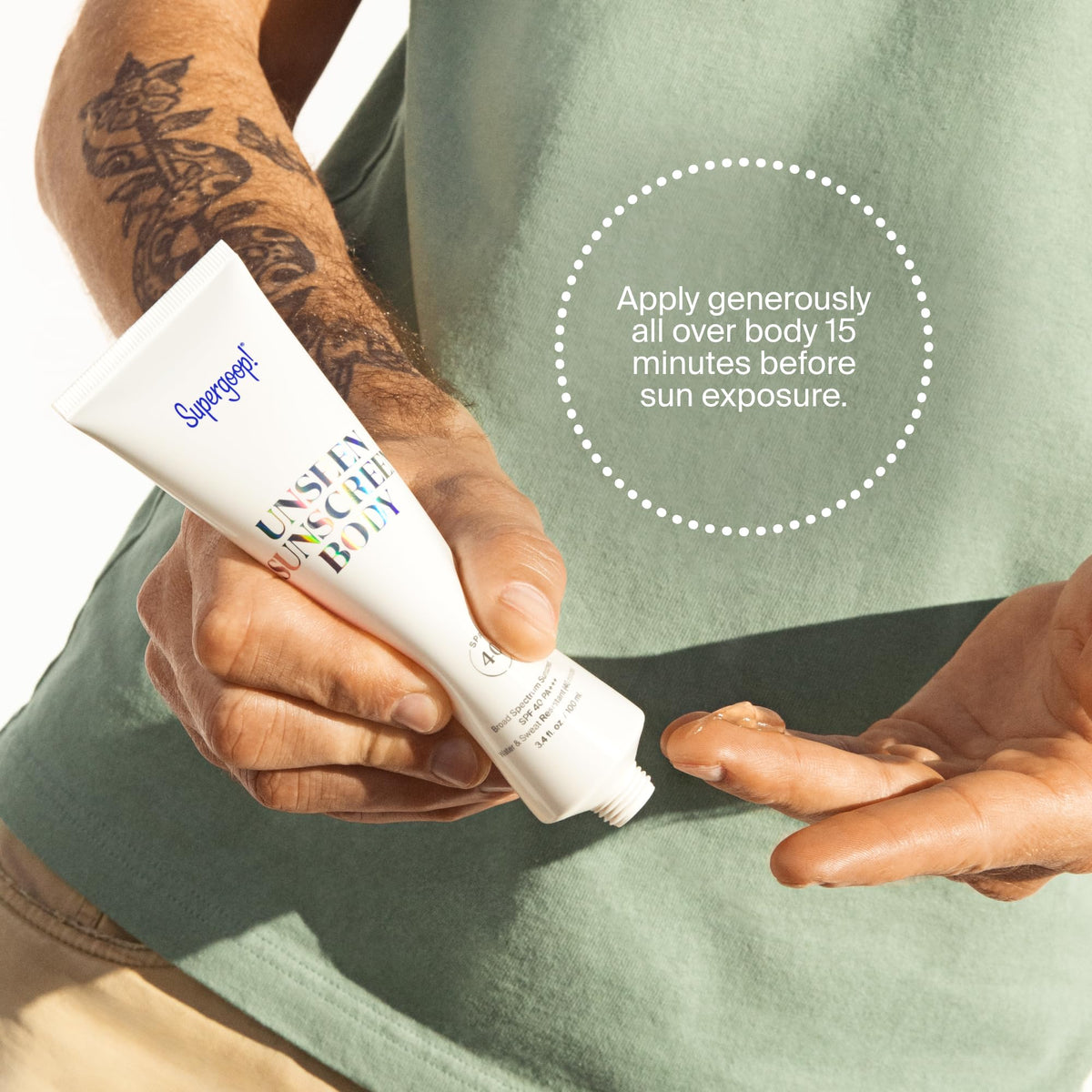 Supergoop! applying Unseen Sunscreen Body on arm for even invisible coverage