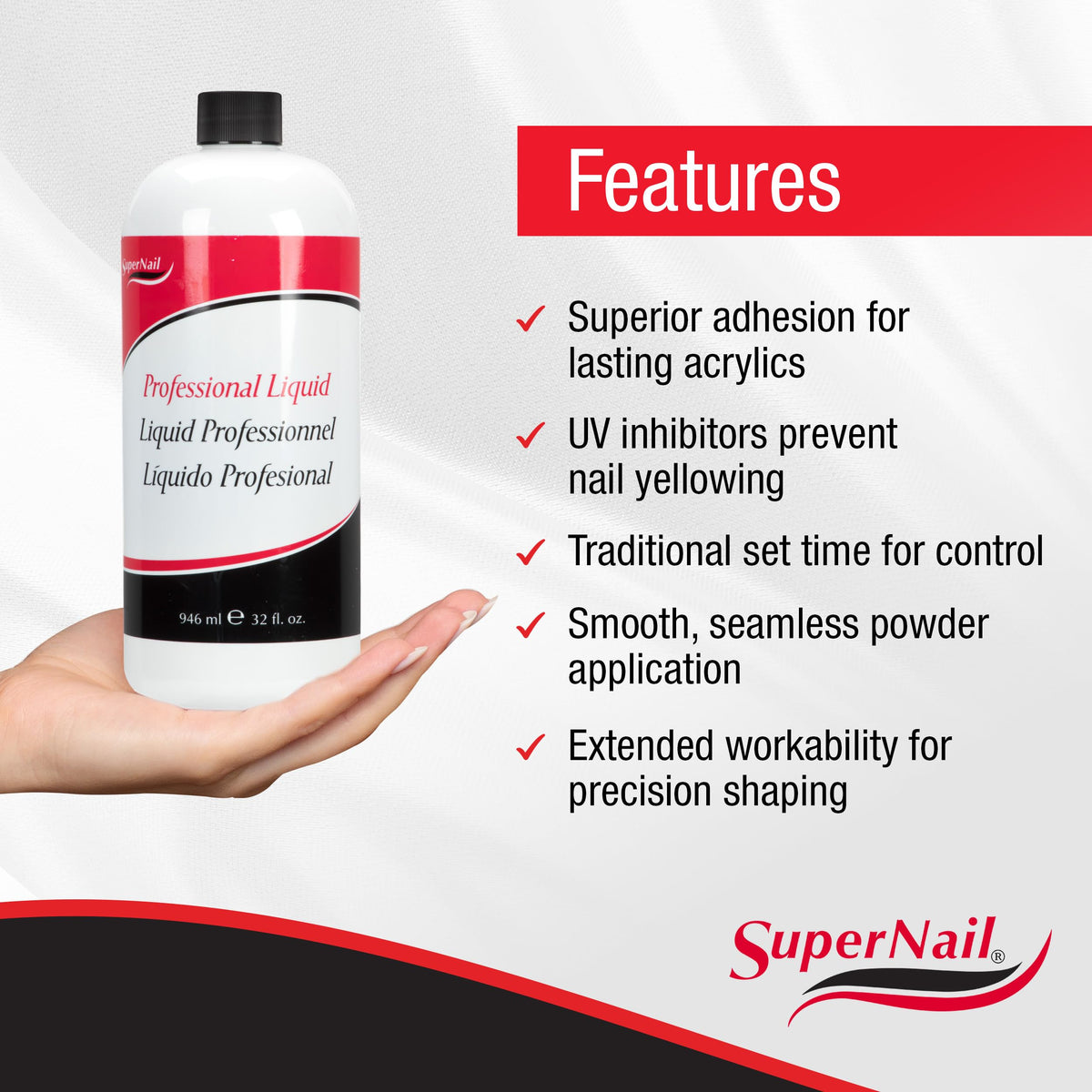 SuperNail 32 fl oz next to a measuring cup showing value and long-lasting supply