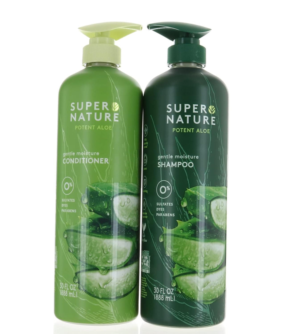 Supernature front packaging showing shampoo and conditioner, clear product benefits