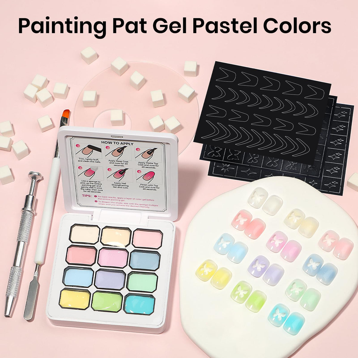 SUPWEE twelve pastel gel bottles fanned out showing vibrant pigmentation and color range