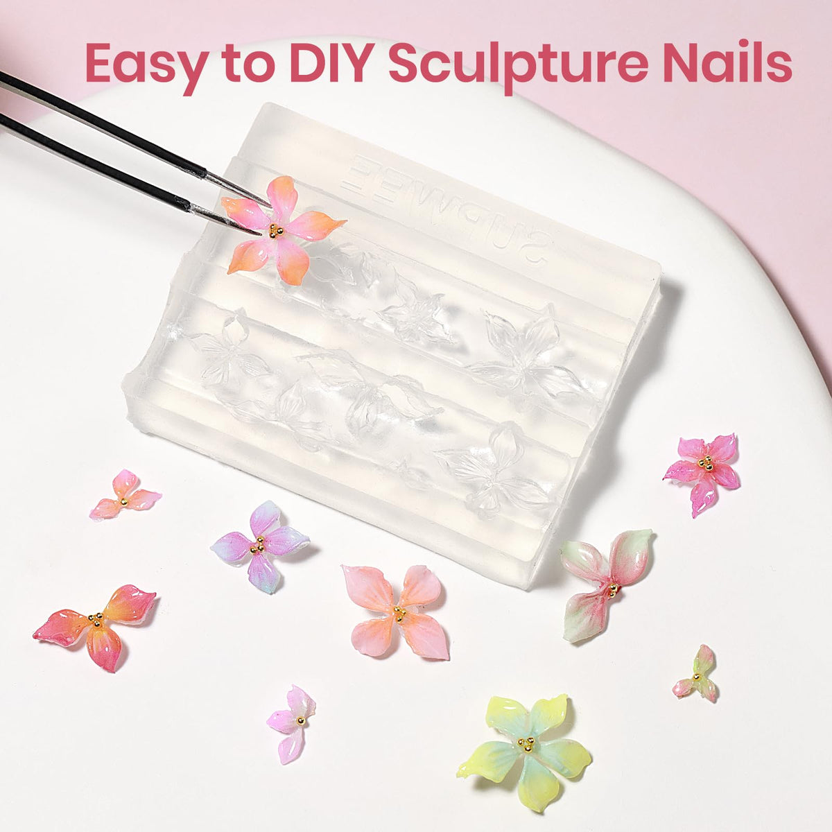 SUPWEE silicone molds and rhinestones displayed to speed repeatable 3D shapes and decorations