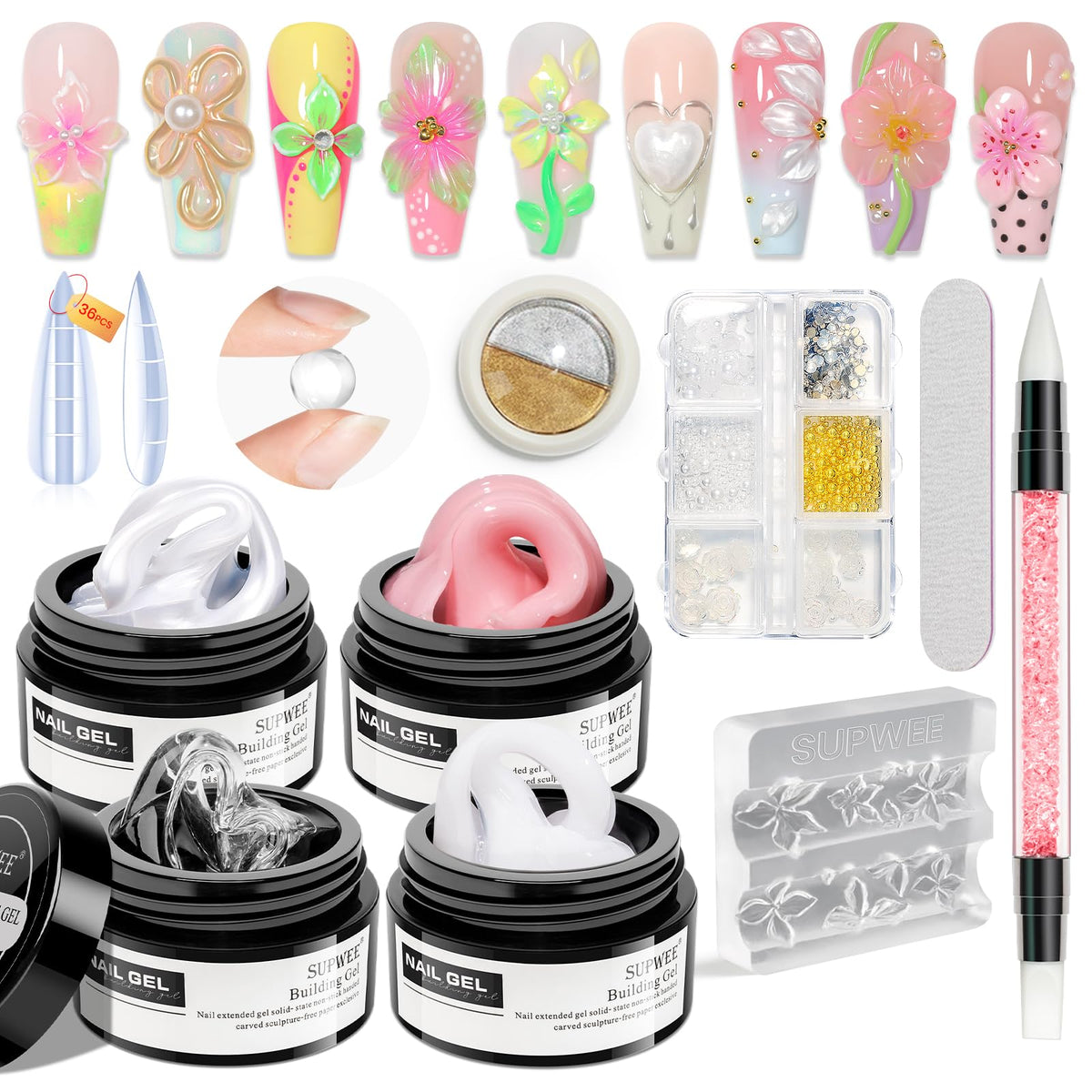 SUPWEE front packaging showing four solid gel colors and included tools for easy setup
