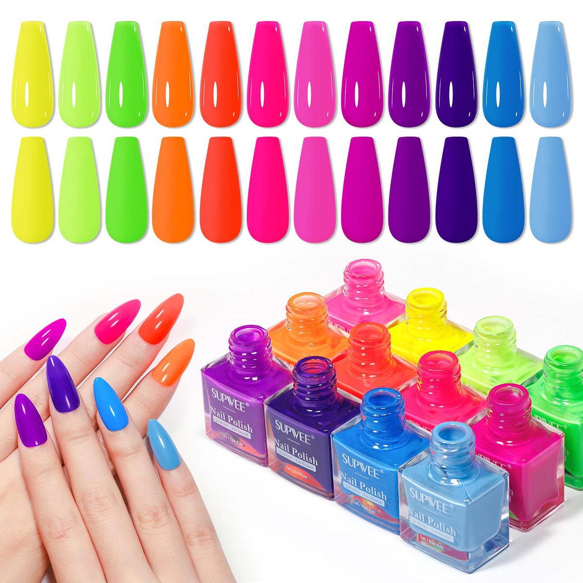 SUPWEE front packaging showing 12 neon bottles and vibrant colors for instant visual appeal