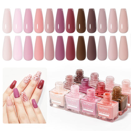 SUPWEE front packaging showing 12 neutral nail lacquer bottles and labels for quick selection