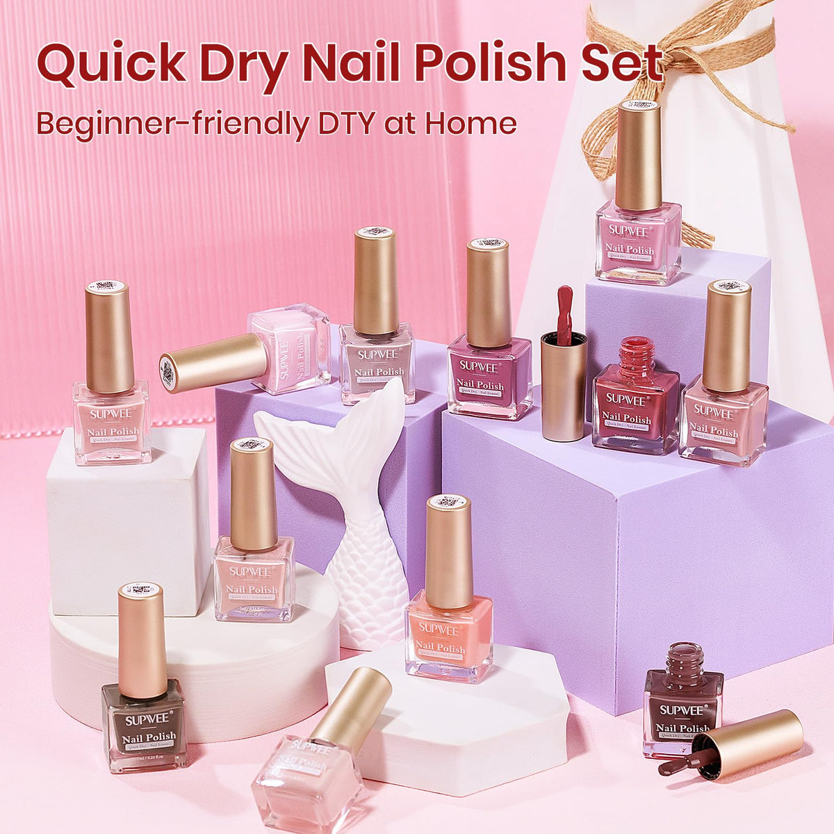 SUPWEE lifestyle table manicure scene displaying finished natural nails in an everyday setting