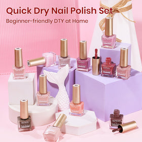 SUPWEE lifestyle table manicure scene displaying finished natural nails in an everyday setting