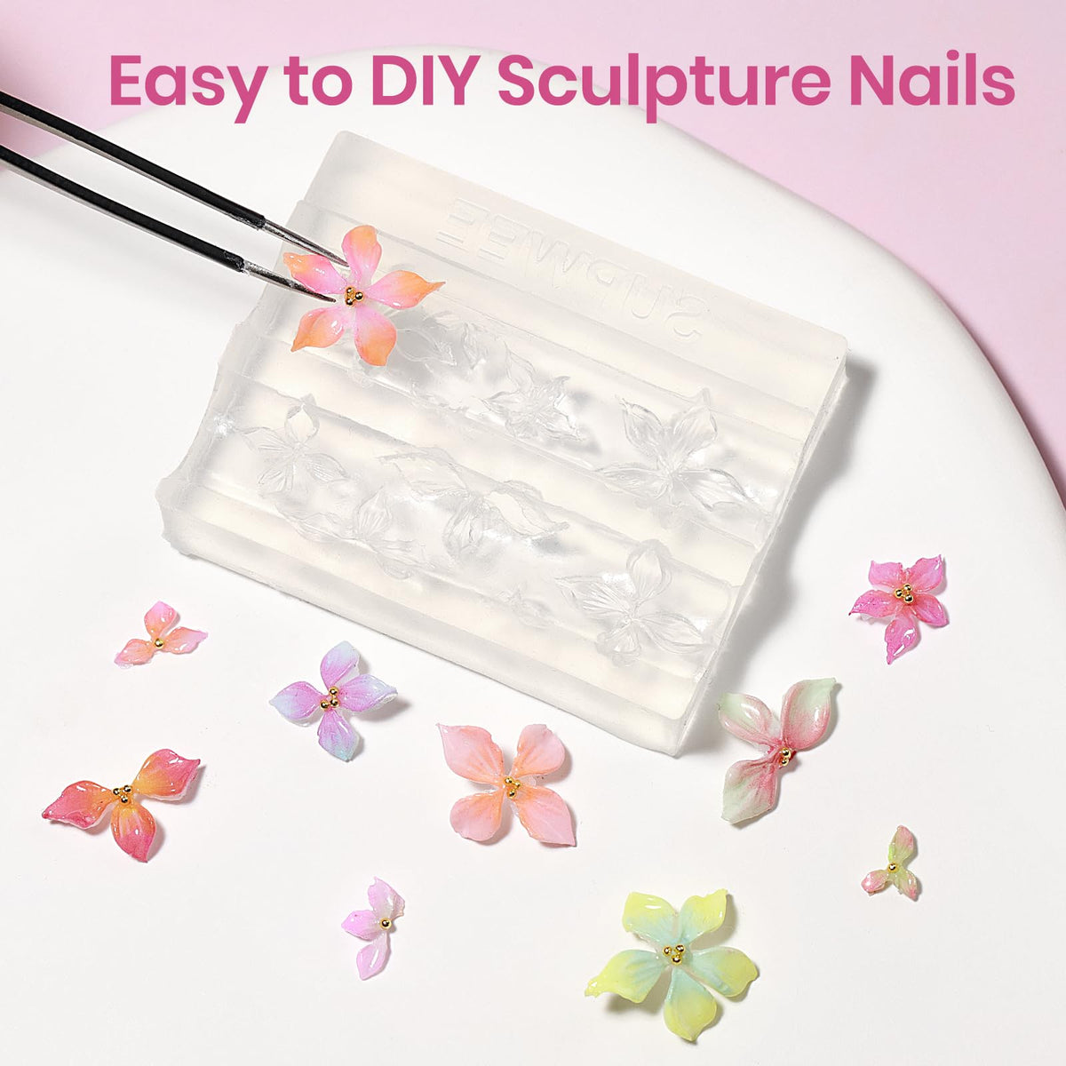 SUPWEE nail art tools and rhinestones displayed with powders for complete decoration