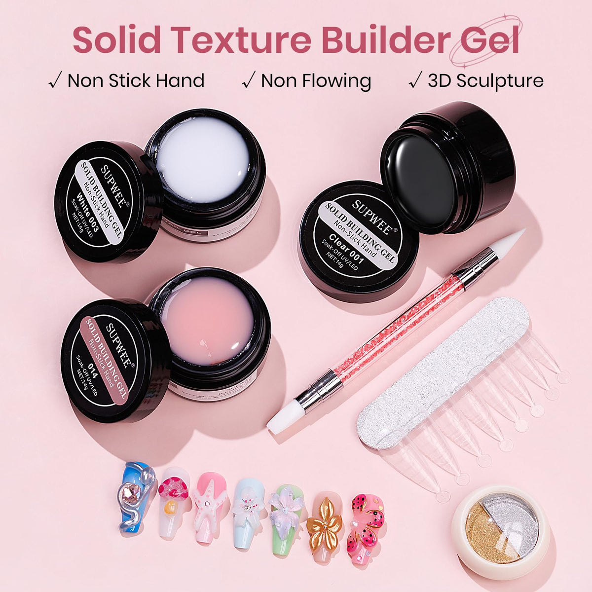 SUPWEE three gel pots clear nude white close-up showing color choices