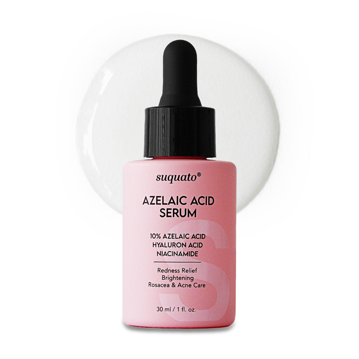 suquato 10% azelaic acid serum front packaging showing label and 30ml bottle, clarifies skin