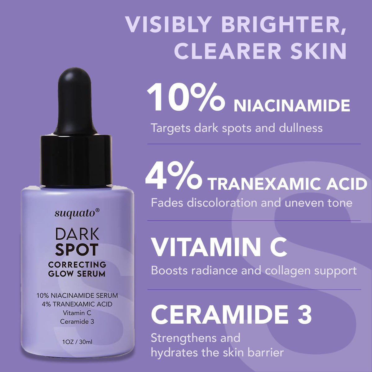suquato closeup label listing tranexamic acid and niacinamide, highlighting active benefits