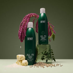 SURFACE All In Shampoo on bathroom shelf in lifestyle scene showing routine simplicity