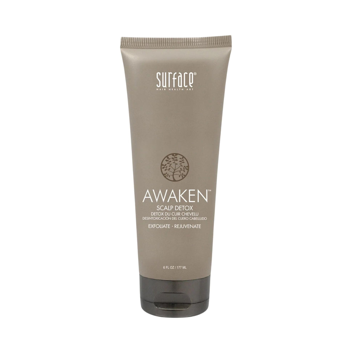 Surface front packaging of Awaken Scalp Detox showing label and size, clarifies product purpose