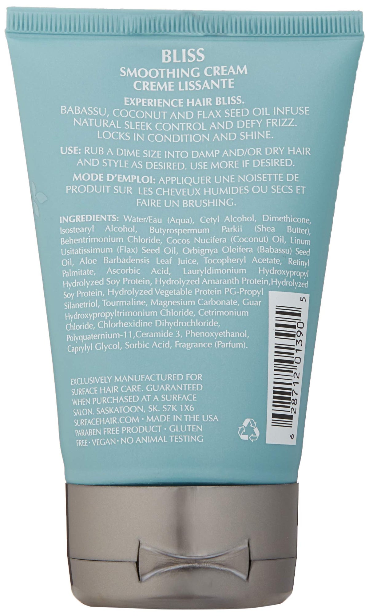 Surface cream in hand showing smooth texture and absorption, benefits frizz control and shine