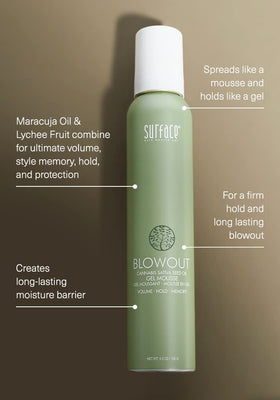 SURFACE mousse texture dispensed in palm showing airy formula and easy application for styling