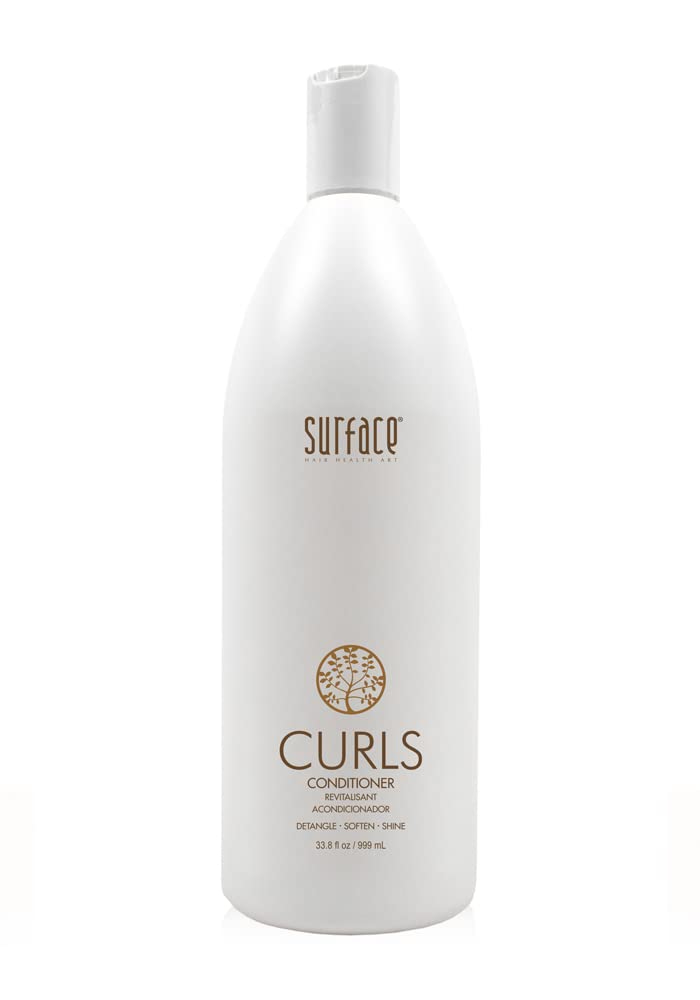 Surface curls conditioner front bottle shows label and size, highlights organic ingredients