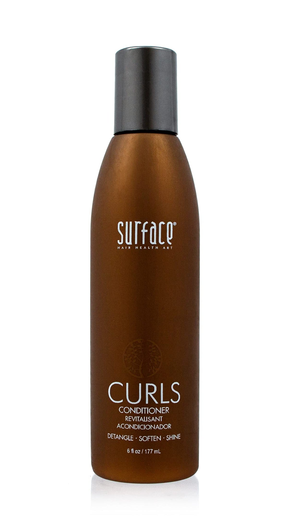 SURFACE front packaging of curls conditioner showing label and size, highlights natural ingredients