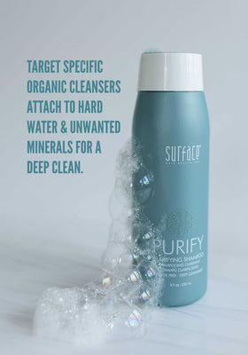 SURFACE Purify next to ruler showing 8 fl oz size for scale