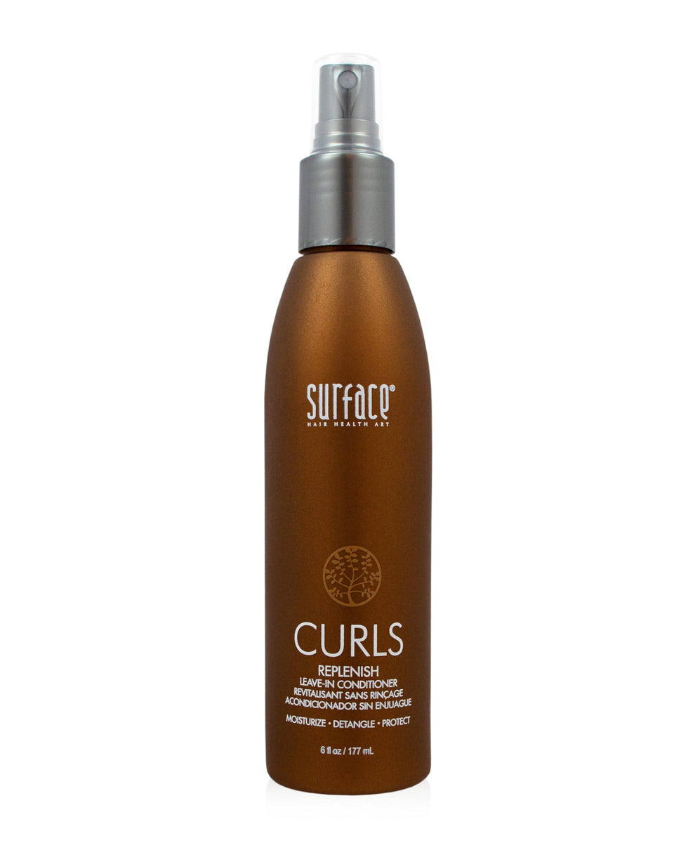 SURFACE front packaging of Replenish leave-in showing 6oz size and benefits