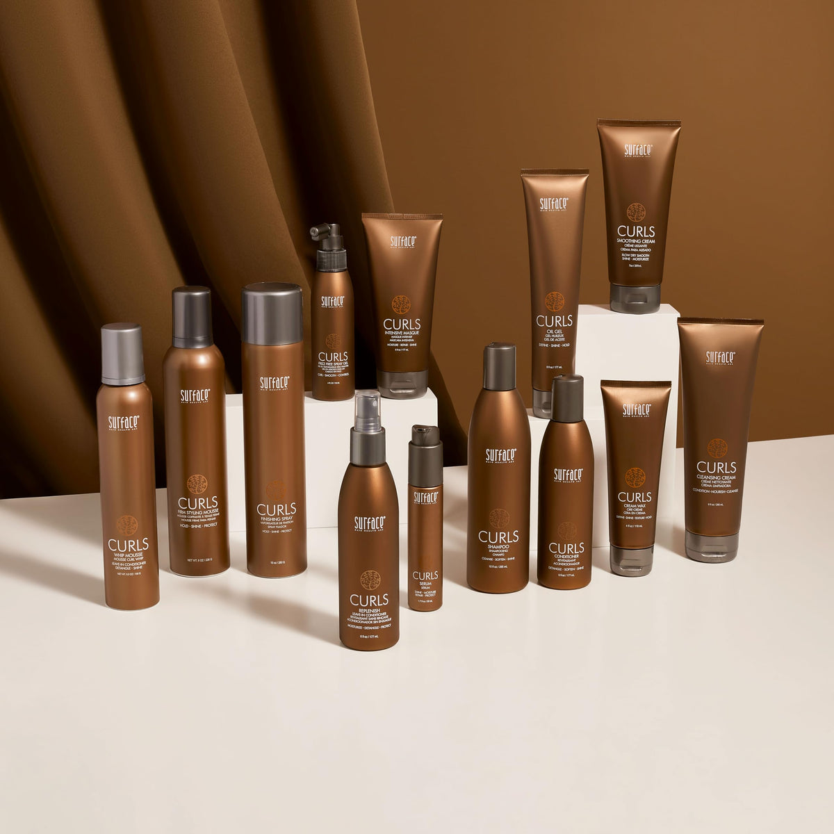 SURFACE lifestyle on bathroom counter illustrating daily curl-care routine