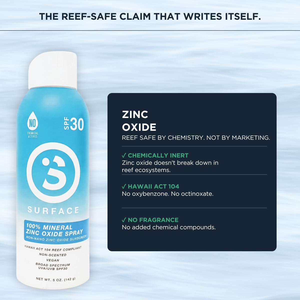 Surface Sun Systems back label ingredients list showing reef-friendly formulation