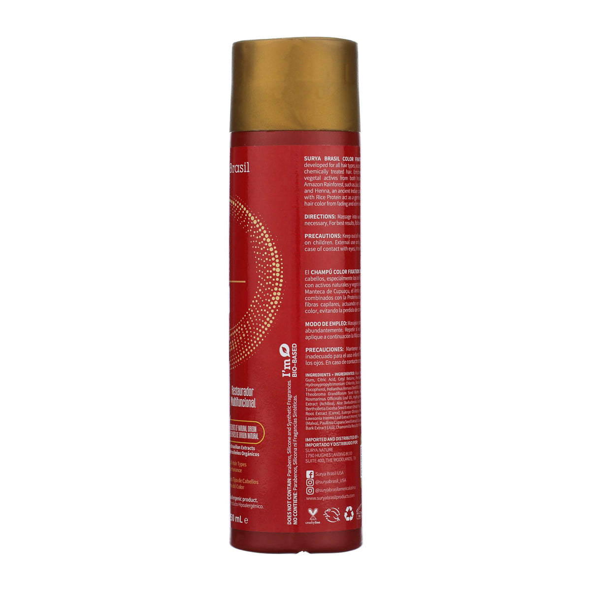 Surya Brasil label close-up highlighting natural ingredients and color protection benefits