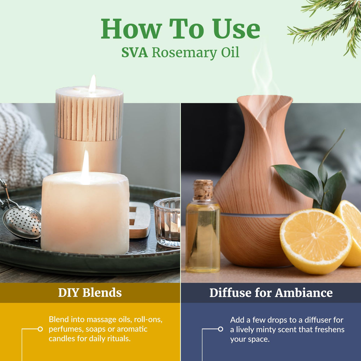 SVA ORGANICS rosemary oil diffusing in an essential oil diffuser for aromatic home benefits