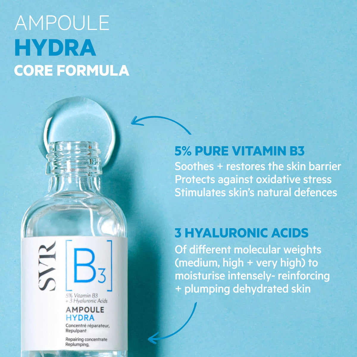 SVR serum applied on hand demonstrating lightweight texture and quick absorption benefit