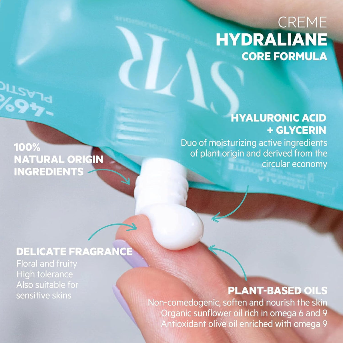 SVR Hydraliane pouch in hand showing 1.3 fl.oz scale and travel convenience
