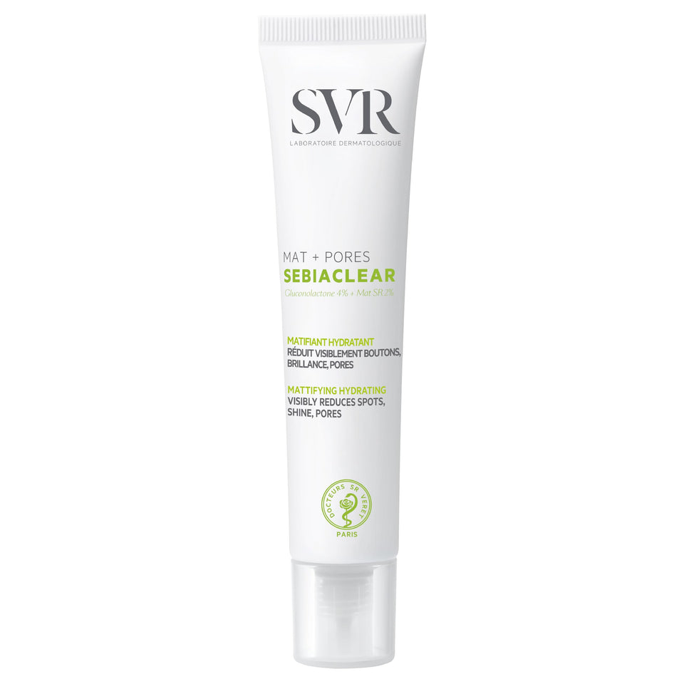 SVR front packaging of Sebiaclear Mat + Pores showing bottle and benefits