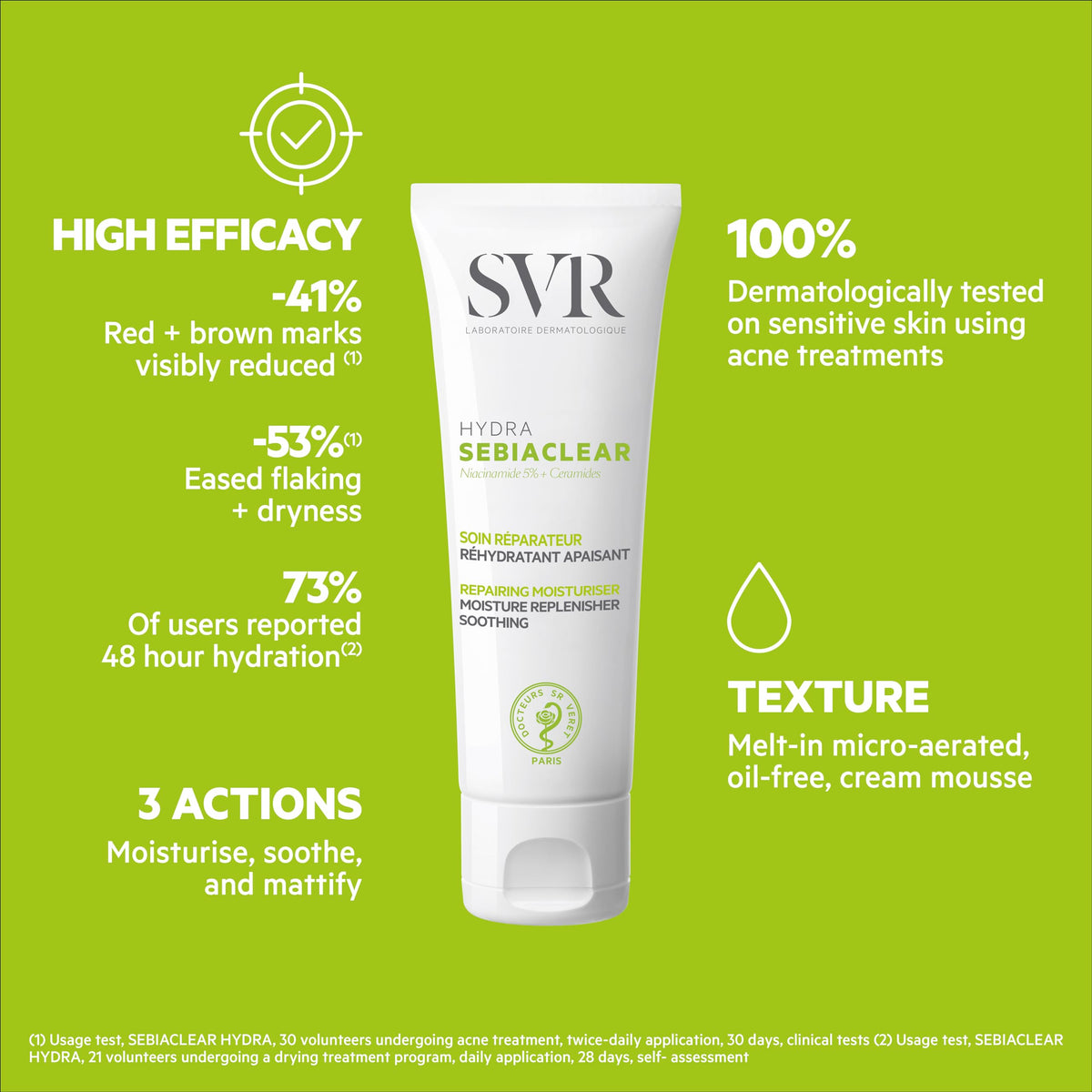 SVR Sebiaclear Hydra applied to cheek demonstrating matte, non-greasy look