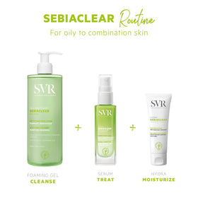 SVR Sebiaclear bottle next to makeup showing excellent priming benefit