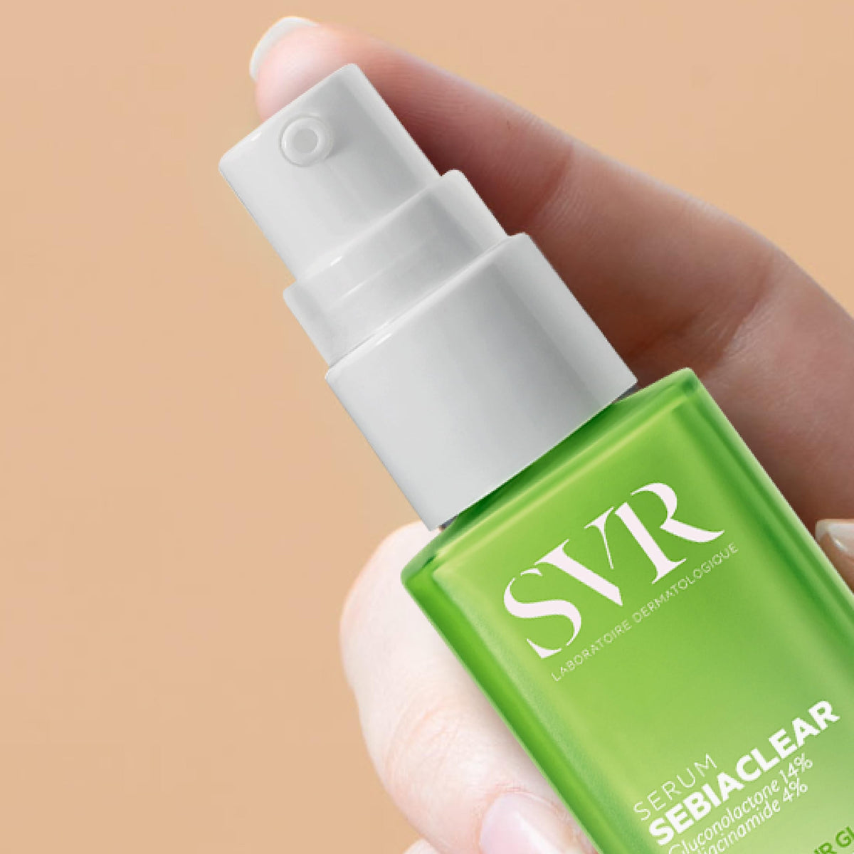 SVR Sebiaclear pump and cap detail illustrating hygienic dispenser benefit