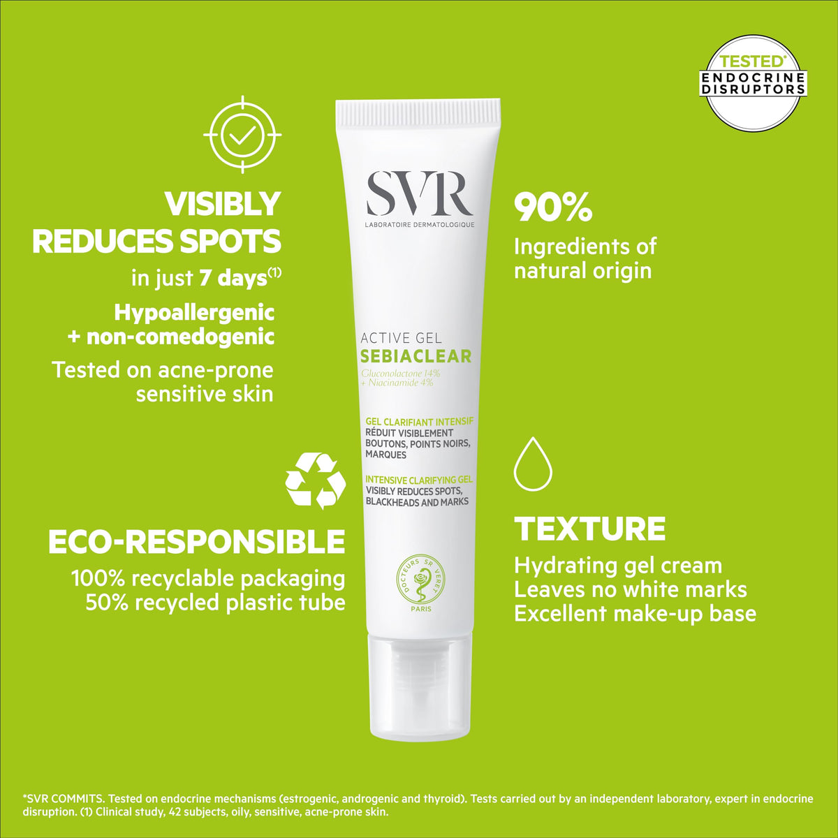 SVR Sebiaclear next to a ruler showing 1.3 fl oz scale for travel convenience