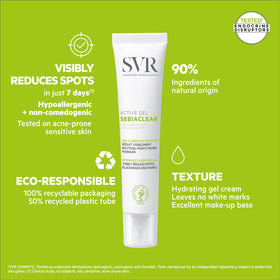 SVR Sebiaclear next to a ruler showing 1.3 fl oz scale for travel convenience