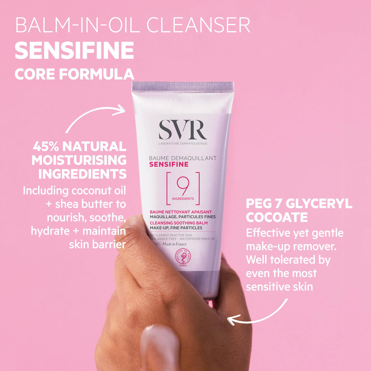 SVR balm on fingers demonstrating spreadability and effective makeup removal