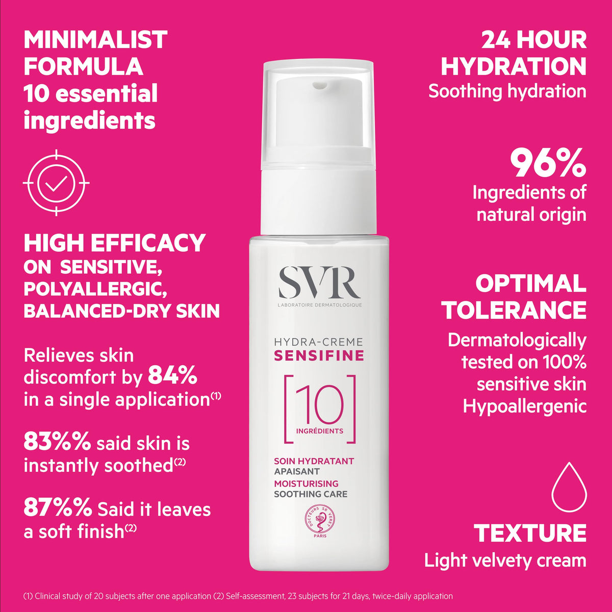 SVR applying moisturizing cream to cheek demonstrating soothing hydration and comfort benefit