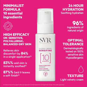 SVR applying moisturizing cream to cheek demonstrating soothing hydration and comfort benefit