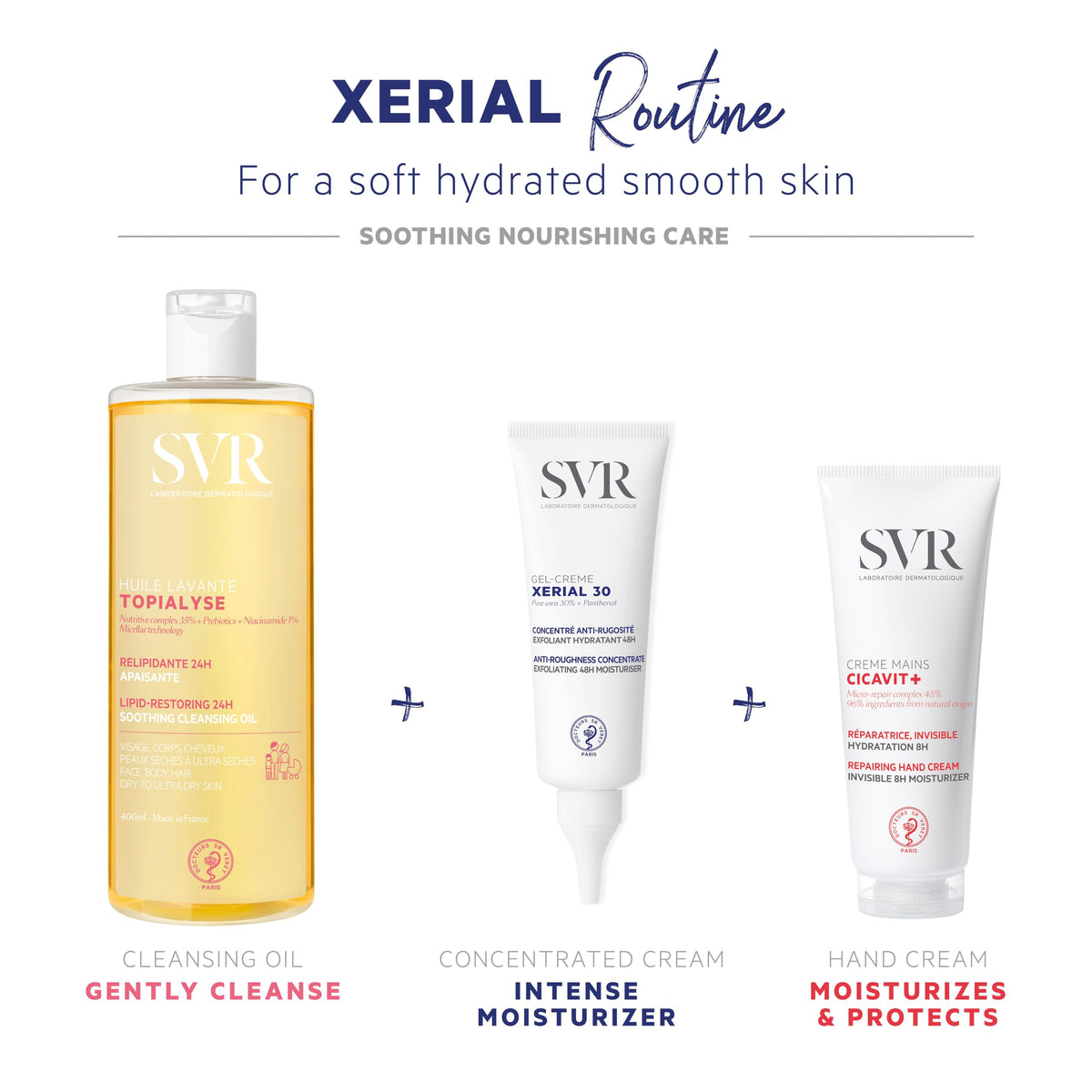 SVR XERIAL 30 on bathroom shelf in lifestyle scene suggesting daily targeted care
