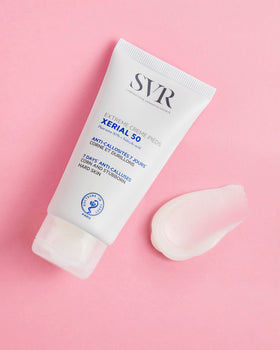 SVR Xerial 50 being applied to heel in hand, demonstrates targeted hydration benefit