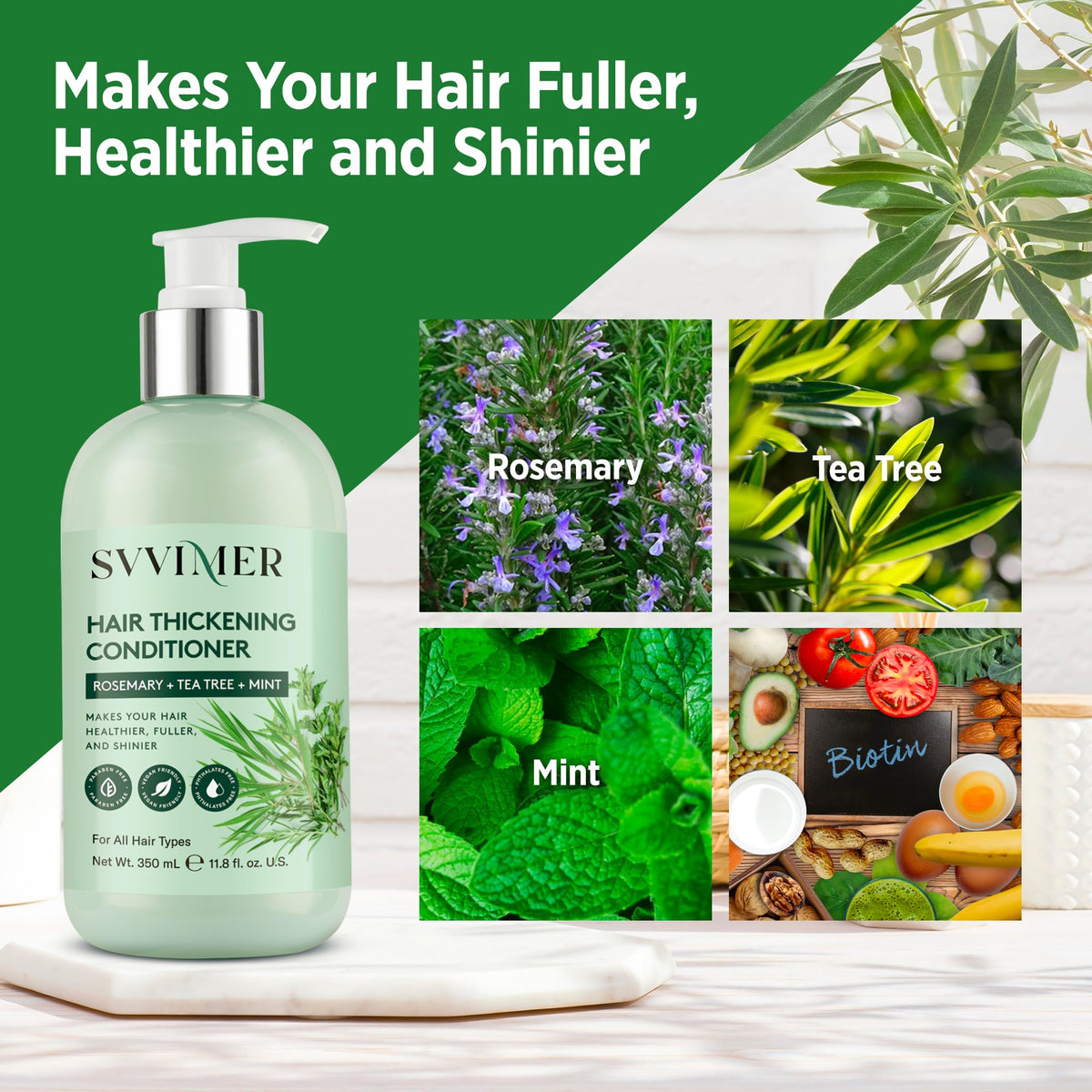 Svvimer bottle label close-up highlighting rosemary and biotin benefits