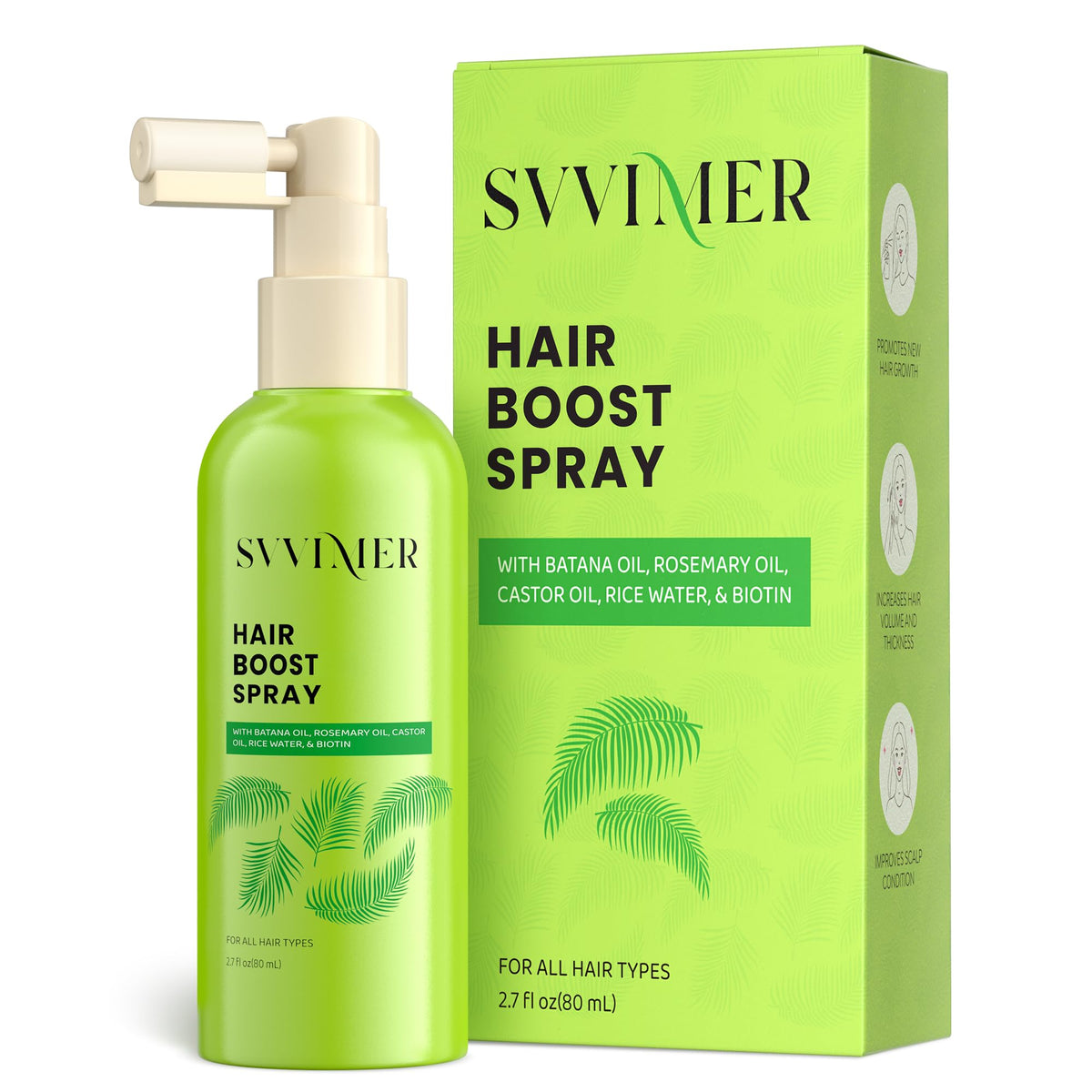 Svvimer front packaging showing hair boost spray for added volume