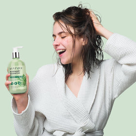 Svvimer shampoo in use in shower illustrating refreshing scalp care
