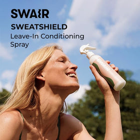 SWAIR SweatShield leave-in bottle detail highlighting protective formula benefits