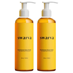 Swarva front packaging showing two persimmon body wash bottles and clear branding for value