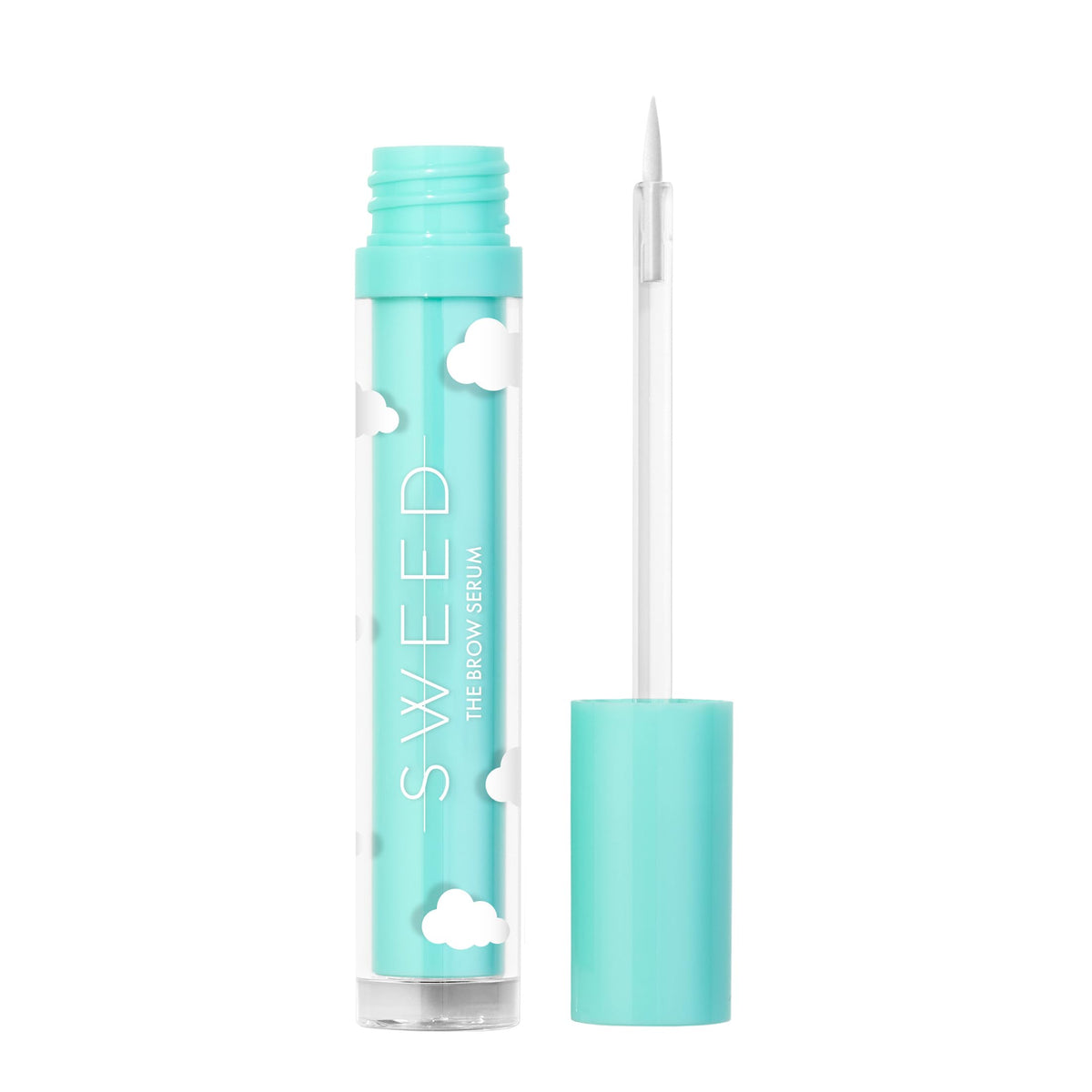 SWEED brow serum on model smiling with fuller-looking brows for natural enhancement