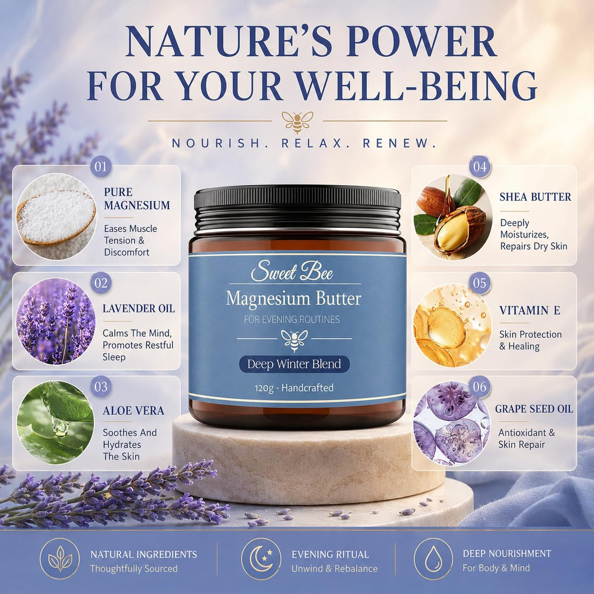 Sweet Bee Magnesium being applied to feet for a soothing nightly routine