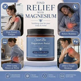 Sweet Bee Magnesium next to common 4oz items showing compact travel-friendly size