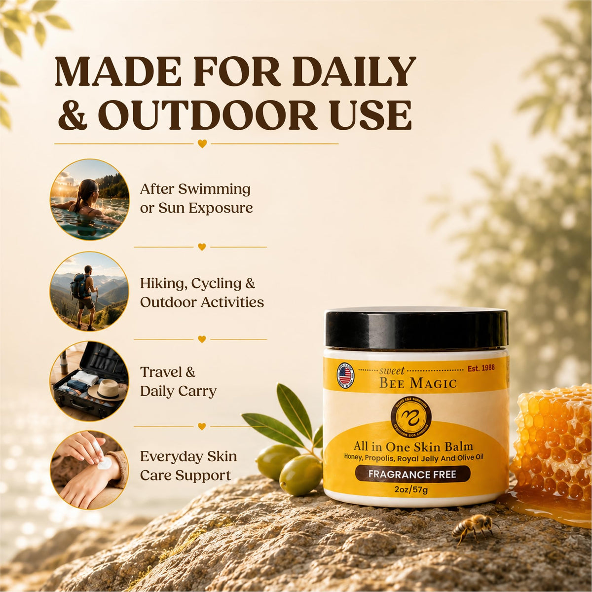 Sweet Bee Naturals application on hand illustrating smooth spread and long‑lasting hydration